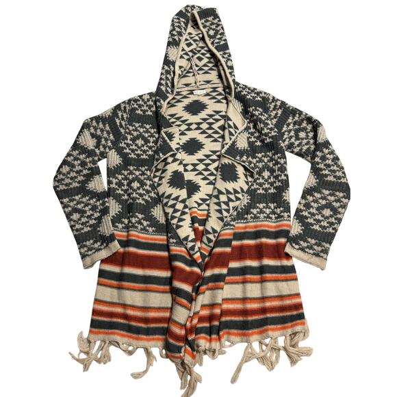 Hem & Thread Aztec Cardigan Hooded Fringe Sweater Womens Large L4279 Gray Orange - Picture 1 of 11